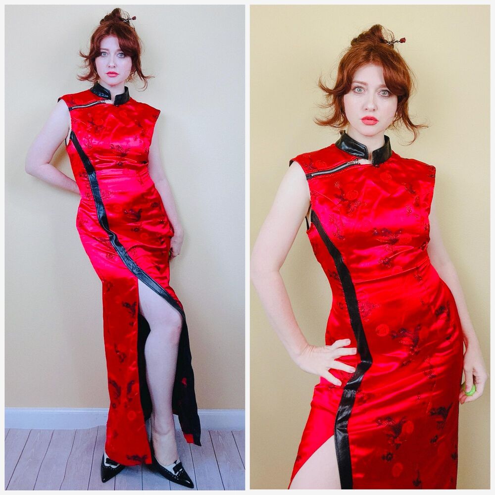 Y2K Vintage Lip Service Rayon / Nylon Cheongsam / Red Floral Brocade Large